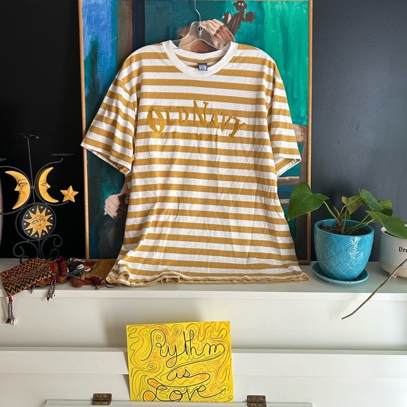 Old Navy Yellow and White Striped Embroidered Top XL - Picture 2 of 16